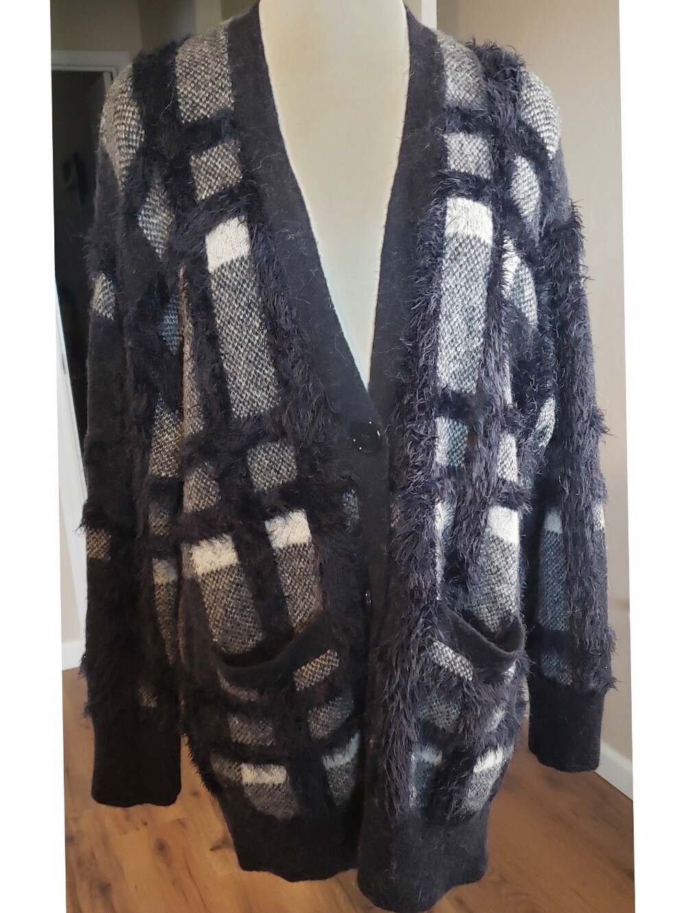 Equipment Femme Cardigan Plaid Chunky Women's L Fuzzy Knit Alpaca Wool Sweater